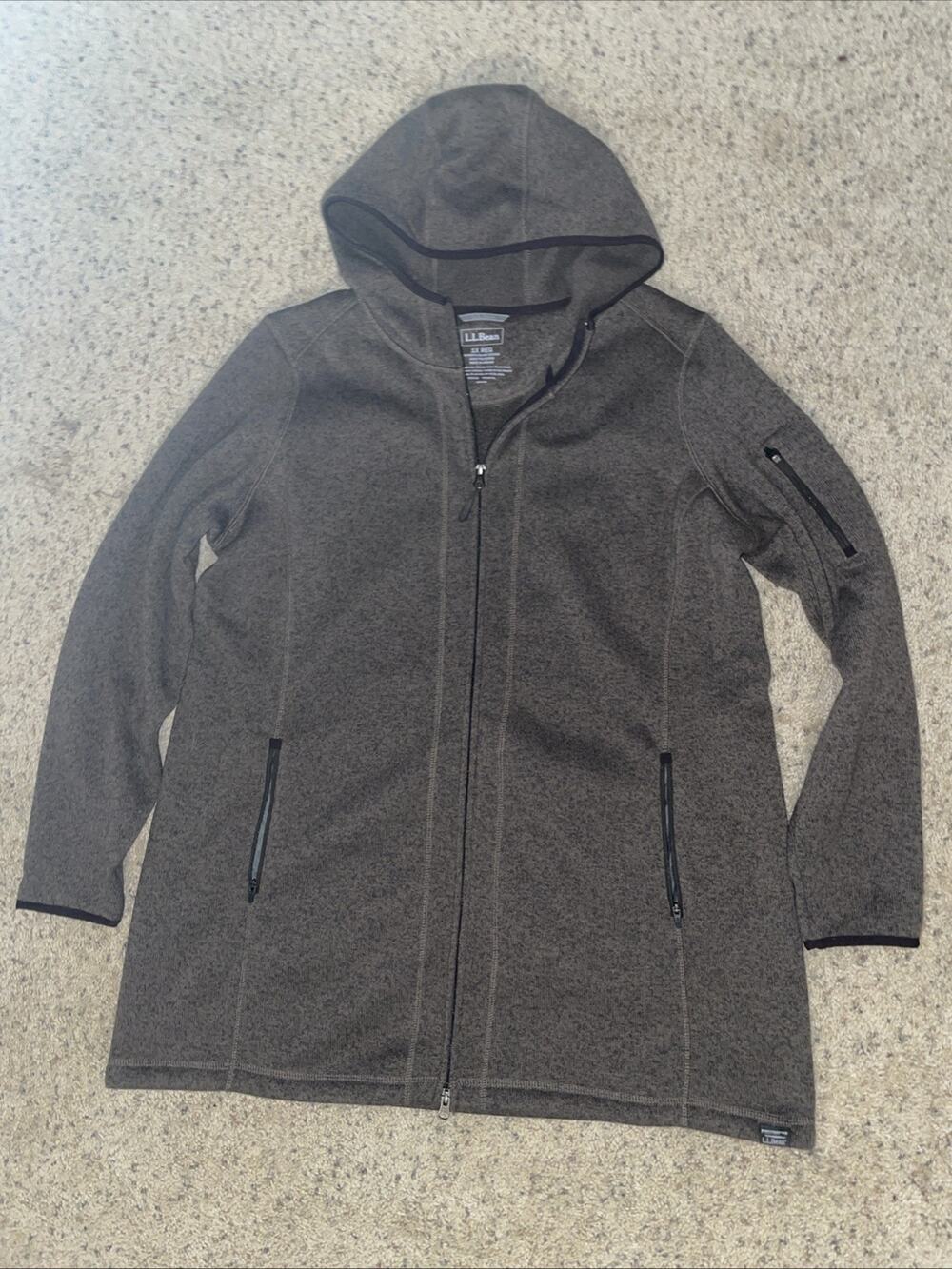 LL Bean Sweater Fleece Coat Womens 1X Brown Hood Full Zip Long Jacket 503355